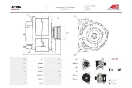 Генератор Audi A4 B5, A6 (C4,C5) 1.6, 1.8i (70A) (A0386) AS 'A0386
