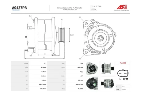Генератор Skoda Fabia (I,II), Octavia (I,II) 1.2, 1.4, 1.6, 1.8, 2.0i, 1.9d (70A) (A0427PR) AS 'A0427PR