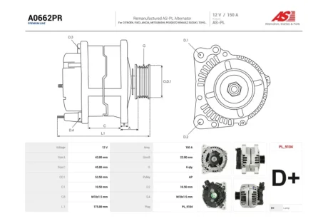 Генератор Citroen Berlingo (05-11), Jumper I, Jumpy I/ Foat Ducato (01-06) 2.0d (150A) (A0662PR) AS 'A0662PR