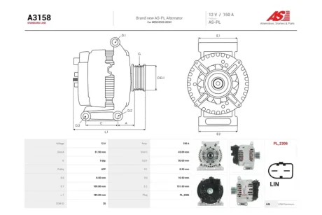Генератор MB A-Class (W169), B-Class (W245) 2.0d (150A) (A3158) AS 'A3158