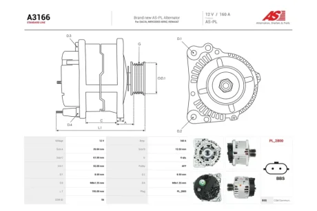 Генератор Renault Clio (III,IV), Duster (19-), Kangoo (08-), Megane (III,IV) 1.5d (160A) (A3166) AS 'A3166