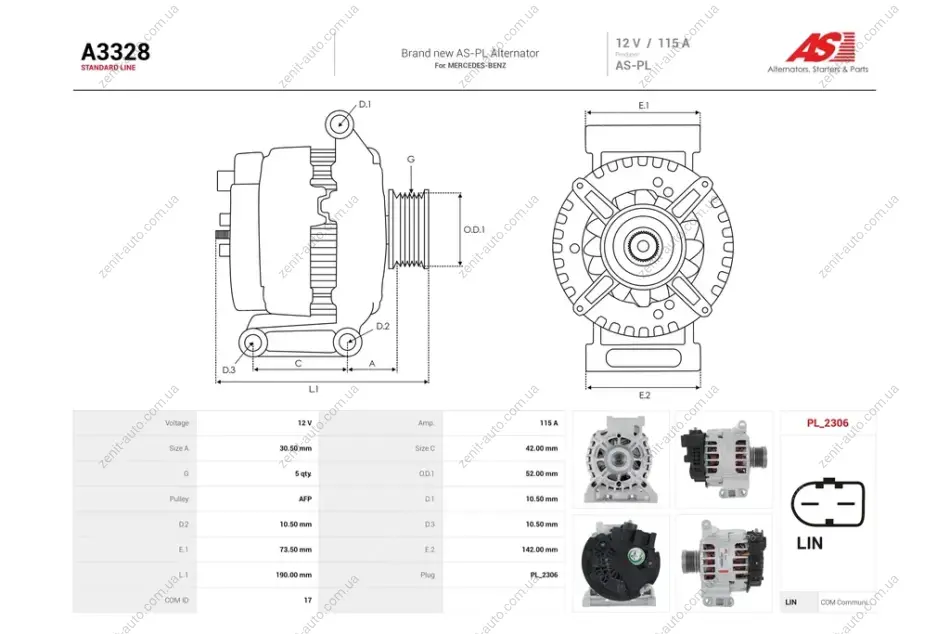 Генератор Audi A4 B8, Q7 (10-15) 3.0d (115A) (A3328) AS 'A3328 (фото 1)