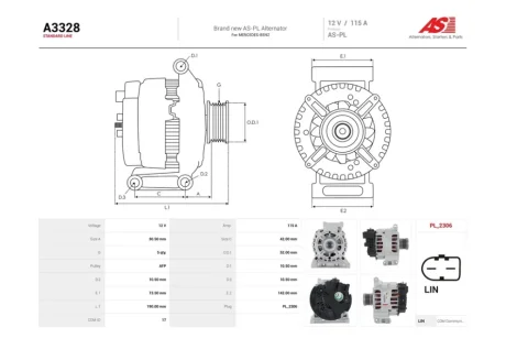 Генератор Audi A4 B8, Q7 (10-15) 3.0d (115A) (A3328) AS 'A3328
