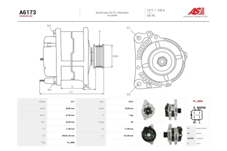 Генератор Toyota Land Cruiser Prado (J12), 4 Runner (IV,V) 4.0i (130A) (A6173) AS 'A6173