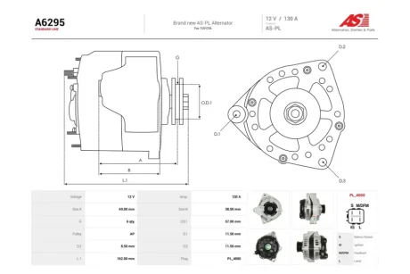 Генератор Toyota 4 Runner IV, Land Cruser 200 4.7i (130A) (A6295) AS 'A6295