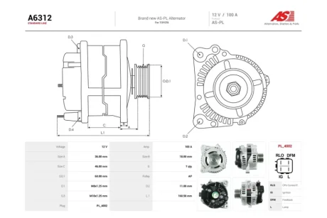 Генератор Toyota Rav 4 III 2.0i (100A) (A6312) AS 'A6312