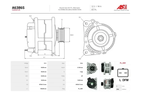 Генератор Citroen Berlingo (96-11) 1.4, 1.6i, 1.9d/ Fiat Fiorino (07-) 1.4i (90A) (A6386S) AS 'A6386S