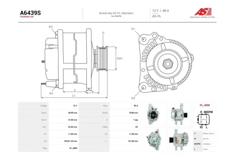 Генератор Toyota Land Cruiser Prado (J12) 4.0i (80A) (A6439S) AS 'A6439S