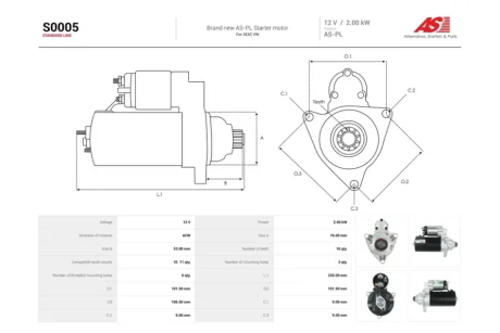 Стартер VW T4 1.9, 2.5d (10 зуб.) (S0005) AS 'S0005