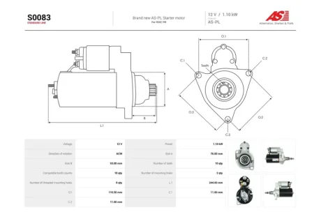 Стартер Audi A3 (96-03) 1.9d/ VW Bora I 1.8T (10 зуб.) (S0083) AS 'S0083