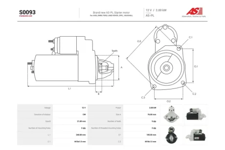 Стартер BMW 3 (E46), 5 (E39,E60), X5 (E53) 2.5, 3.0d (9 зуб.) (S0093) AS 'S0093