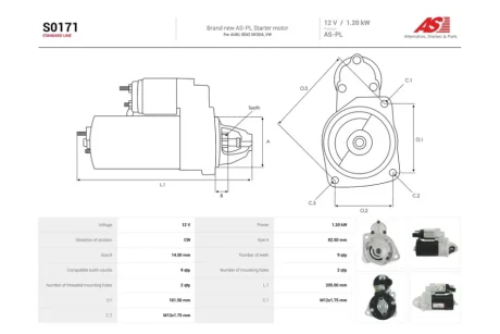 Стартер Audi A4 (B6,B7)/ VW Passat B5 1.8, 2.0i (9 зуб.) (S0171) AS 'S0171