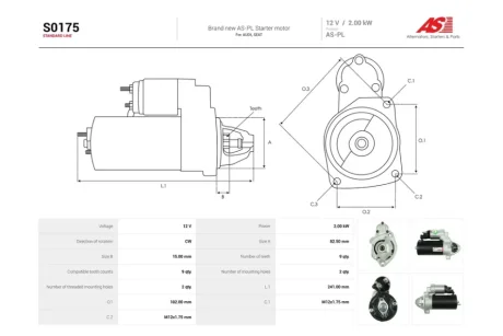 Стартер Audi A4 (B5,B6,B7), A6 (C5,C6) 1.9, 2.0d (9 зуб.) (S0175) AS 'S0175
