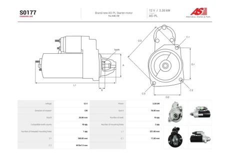 Стартер Audi A4 (B7), A6 (C6) 2.7, 3.0d (10 зуб.) (S0177) AS 'S0177