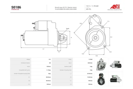 Стартер Fiat Doblo (10-) 1.6d, Stilo (03-08) 1.9d/ Opel Insignia A 2.0d, Vectra C 1.9d (9 зуб.) (S0186) AS 'S0186