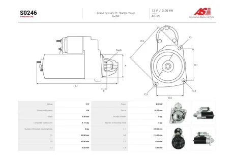 Стартер Fiat Doblo (01-), Punto (99-12), Stilo (01-06) 1.4i, 1.9d (9 зуб.) (S0246) AS 'S0246