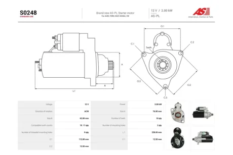 Стартер Skoda Octavia I/ VW Golf IV 1.8T, 1.9d (10 зуб.) (S0248) AS 'S0248