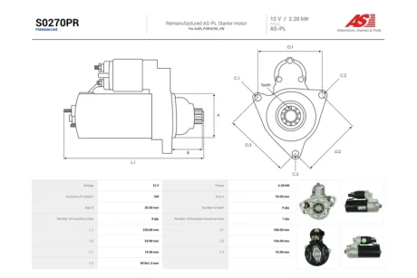 Стартер Audi Q7 (06-)/ VW Touareg (06-) 3.0i, 3.0d (9 зуб.) (S0270PR) AS 'S0270PR