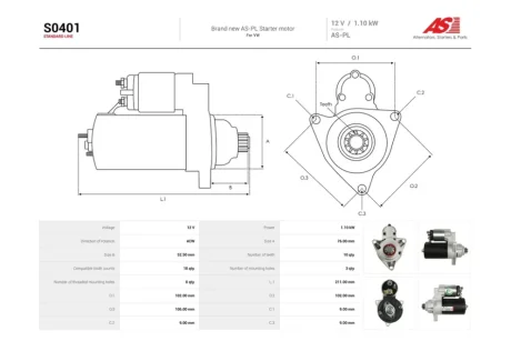 Стартер VW T4 1.8, 2.0i (10 зуб.) (S0401) AS 'S0401