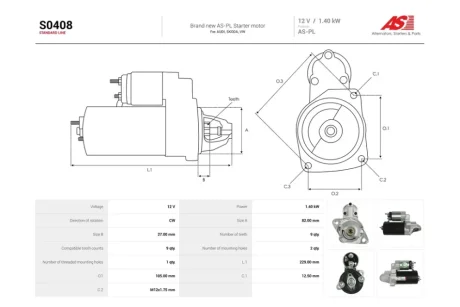 Стартер Audi A4 (B6,B7), A6 C5 2.4, 2.8, 3.0i (9 зуб.) (S0408) AS 'S0408