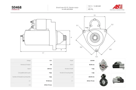 Стартер Audi A4 (B7), A6 (C6) 2.0d (9 зуб.) (S0468) AS 'S0468