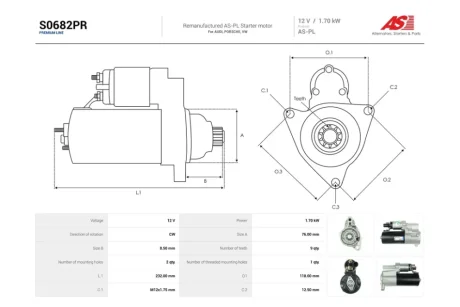 Стартер Audi Q7 (06-15)/ VW Touareg (04-10) 3.0, 3.6i (9 зуб.) (S0682PR) AS 'S0682PR