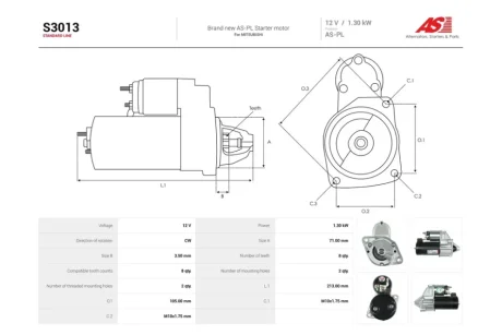 Стартер Mitsubishi Carisma (95-06) 1.6, 1.8i (8 зуб.) (S3013) AS 'S3013