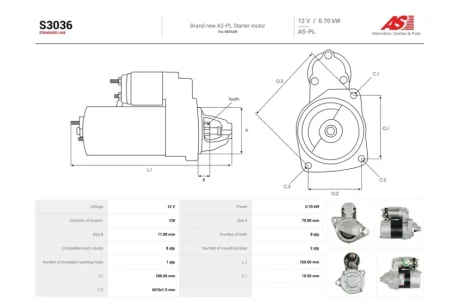 Стартер Nissan Almera (00-06), Primera (02-) 1.5, 1.6, 1.8i (8 зуб.) (S3036) AS 'S3036
