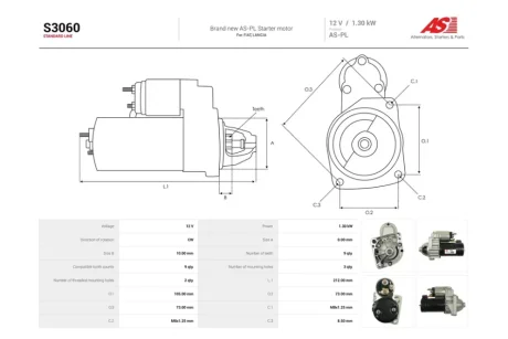 Стартер Fiat Doblo (01-), Ducato (94-06) 1.6, 2.0i (9 зуб.) (S3060) AS 'S3060