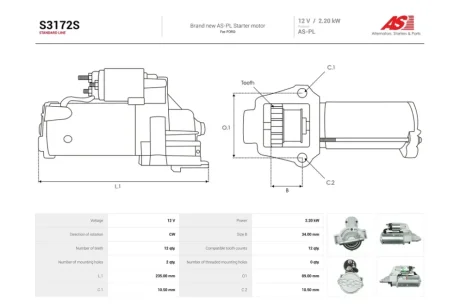 Стартер Citroen Jumper II/ Fiat Ducato (06-)/ Ford Transit (06-14) 2.2d (12 зуб.) (S3172S) AS 'S3172S