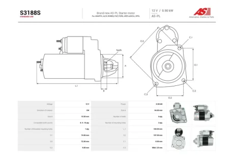 Стартер Fiat 500 (07-) 0.9, 1.4i, Doblo (05-) 1.4i (9 зуб.) (S3188S) AS 'S3188S