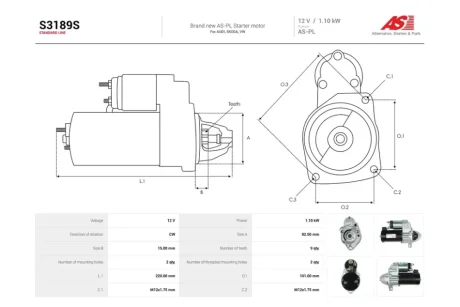 Стартер Audi A4 (B5,B6,B7), A6 (C4,C5)/ VW Passat B5 1.8, 2.0i (9 зуб.) (S3189S) AS 'S3189S