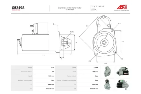 Стартер Mitsubishi Lancer IX, Outlander I 2.0, 2.4i (8 зуб.) (S5249S) AS 'S5249S