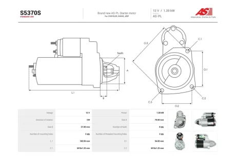 Стартер Dodge Journey (09-)/ Jeep Patriot (07-17), Compass (06-) 2.4i (8 зуб.) (S5370S) AS 'S5370S