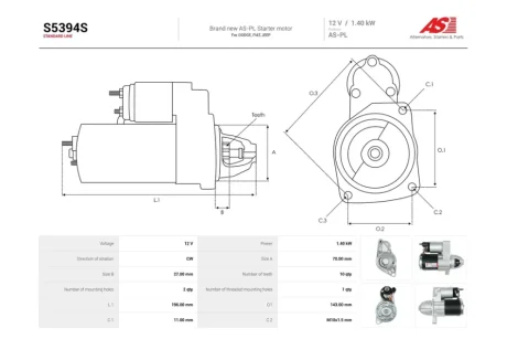 Стартер Jeep Cherokee (13-) 2.4i (10 зуб.) (S5394S) AS 'S5394S