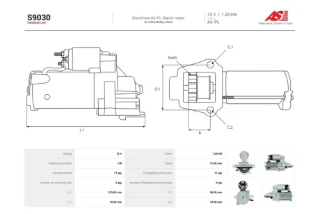 Стартер Ford Focus III, Mondeo (IV,V) 2.0i (11 зуб.) (S9030) AS 'S9030
