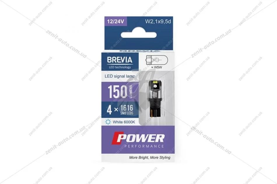 Лампа светодиодная 12/24V W5W (T10) W2.1x9.5d (4SMD16х16) 6000K CANBUS Non-Polar белый (к-т 2шт) Brevia BREVIA 10108X2 (фото 1)