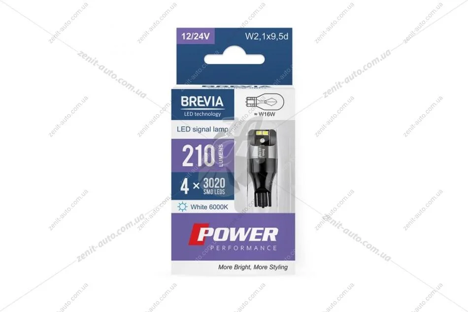 Лампа світлодіодна 12/24V W16W (T15) W2.1x9.5d (4SMD 30x20) 6000K CANBUS Non-Polar (доп.освещения) білий (к-т 2шт) Brevia BREVIA 10133X2 (фото 1)
