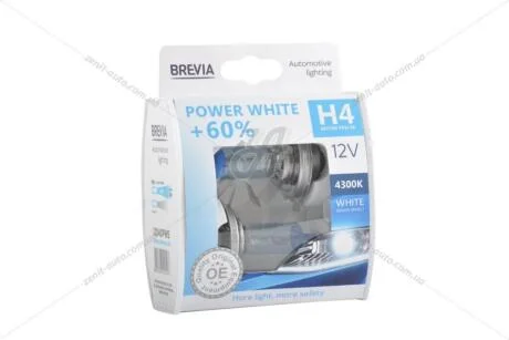 Лампа галогенна H4 12V 60/55W P43t +60% 4300K Power White EXTRA LIGHT (к-т 2шт) Brevia BREVIA 12040PWS