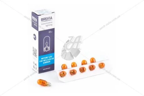 Лампа розжарювання 12V WY5W 5W W2.1x9.5d T10 AMBER (повор повор. б/цоколя) (кратно 10) Brevia BREVIA 12309C