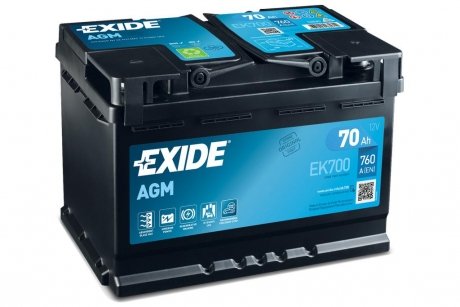 АКБ 6СТ-70 R+ (пт760) (необслуж) AGM (Start/Stop) EXIDE EK700