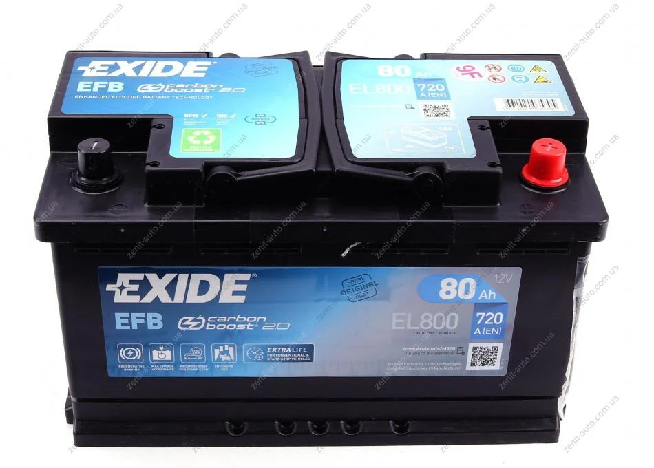 АКБ 6СТ-80 R+ (пт800) (необслуж)(315х175х190) EFB Exide (Start/Stop) EXIDE EL800 (фото 1)