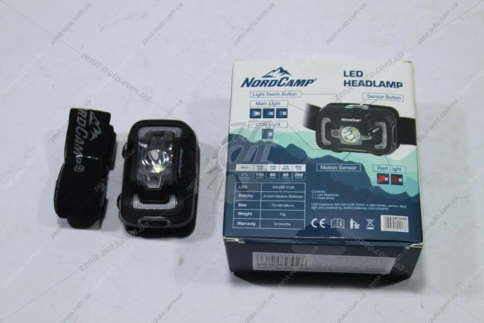 Ліхтар налобний (260Lm, 5W CREE XTE + COB, 3xAAA, Sensor White/Red) NordCamp 'NC30400 (фото 1)