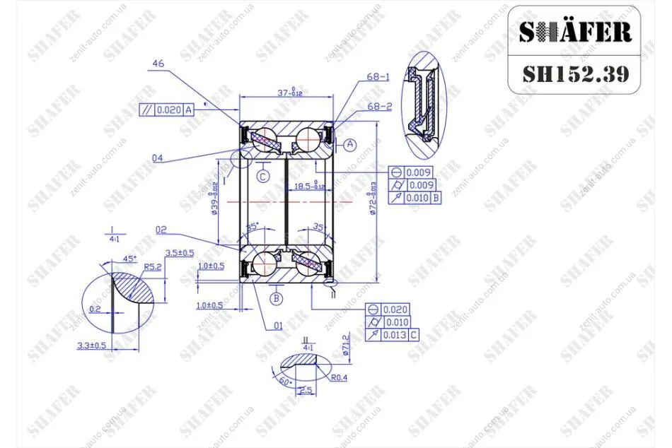 Подшипник передний Ford Escort, Fiesta, Orion, Ka (89-08)(37x39x72) SHAFER SH152.39 (фото 1)