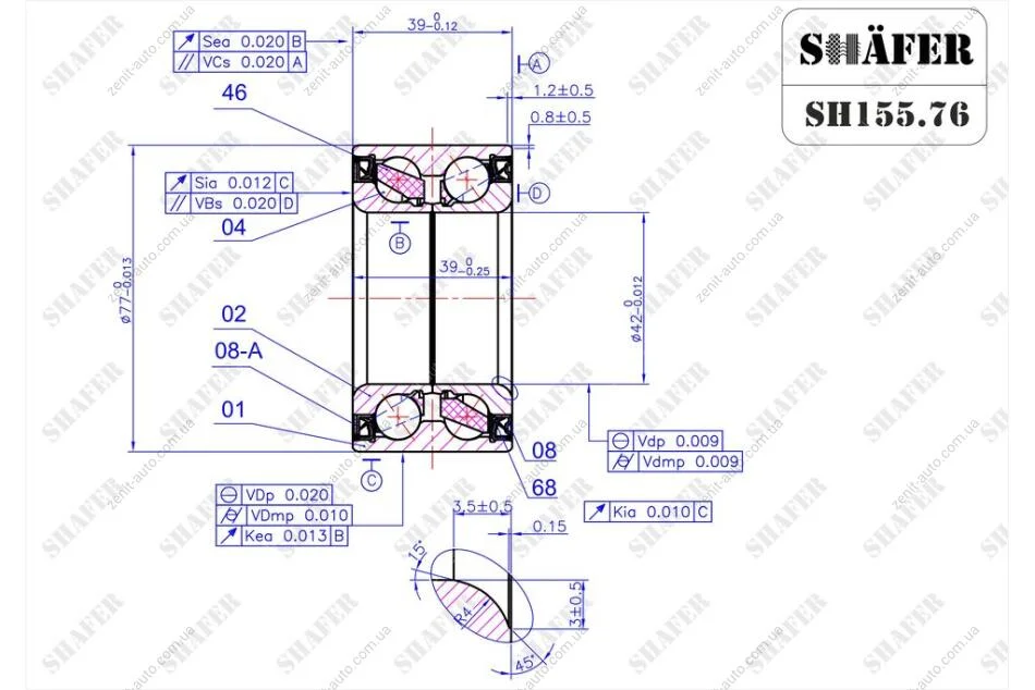 Підшипник передній Renault Megane II, Clio III, Scenic II, Dokker, Lodgy (04)(39x42x77) ABS+ SHAFER SH155.76 (фото 1)