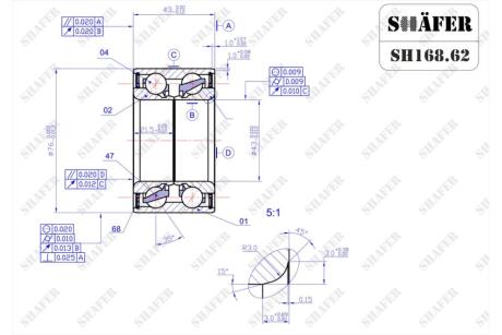 Подшипник передний Nissan X-Trail T30, Maxima A33-A34, Primera P12 (00-)(43x43x76) SHAFER SH168.62