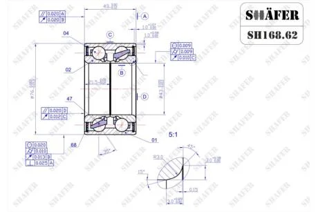 Підшипник передній Nissan X-Trail T30, Maxima A33-A34, Primera P12 (00-)(43x43x76) SHAFER SH168.62