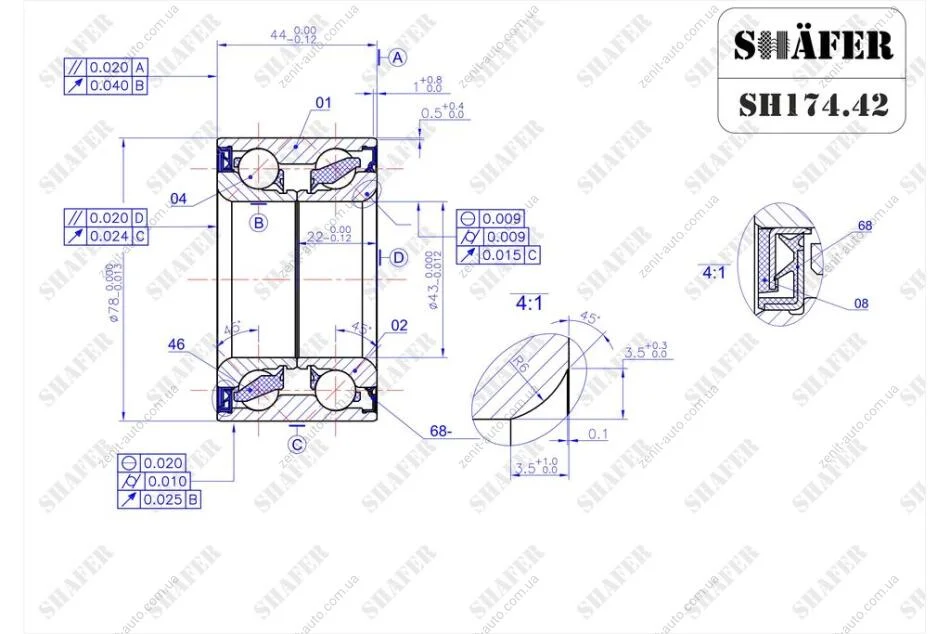 Подшипник передний Honda Civic (05-17) ABS+ (43x44x78) SHAFER SH174.42 (фото 1)