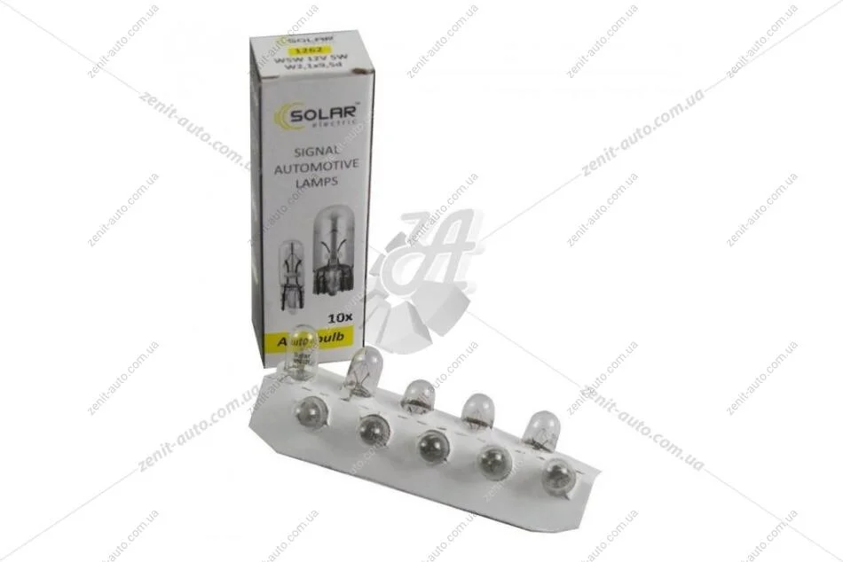 Лампа розжарювання 12V W5W 5W W2.1X9.5d б/цоколя (фонарь освещ.номер.знака/габариты) (кратно 10) Solar 1262 (фото 1)