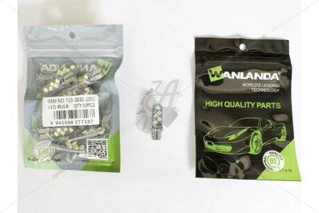 Лампа светодиодная T10 12V 1W 600Lm (9x34mm)(No canbus) (кратно 10) WANLANDA 'T10303010GJ